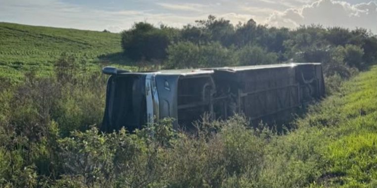 Ônibus tomba na BR-293 e deixa um ferido