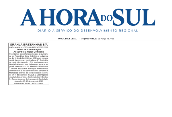 Publicidade legal – Granja Bretanhas S/A